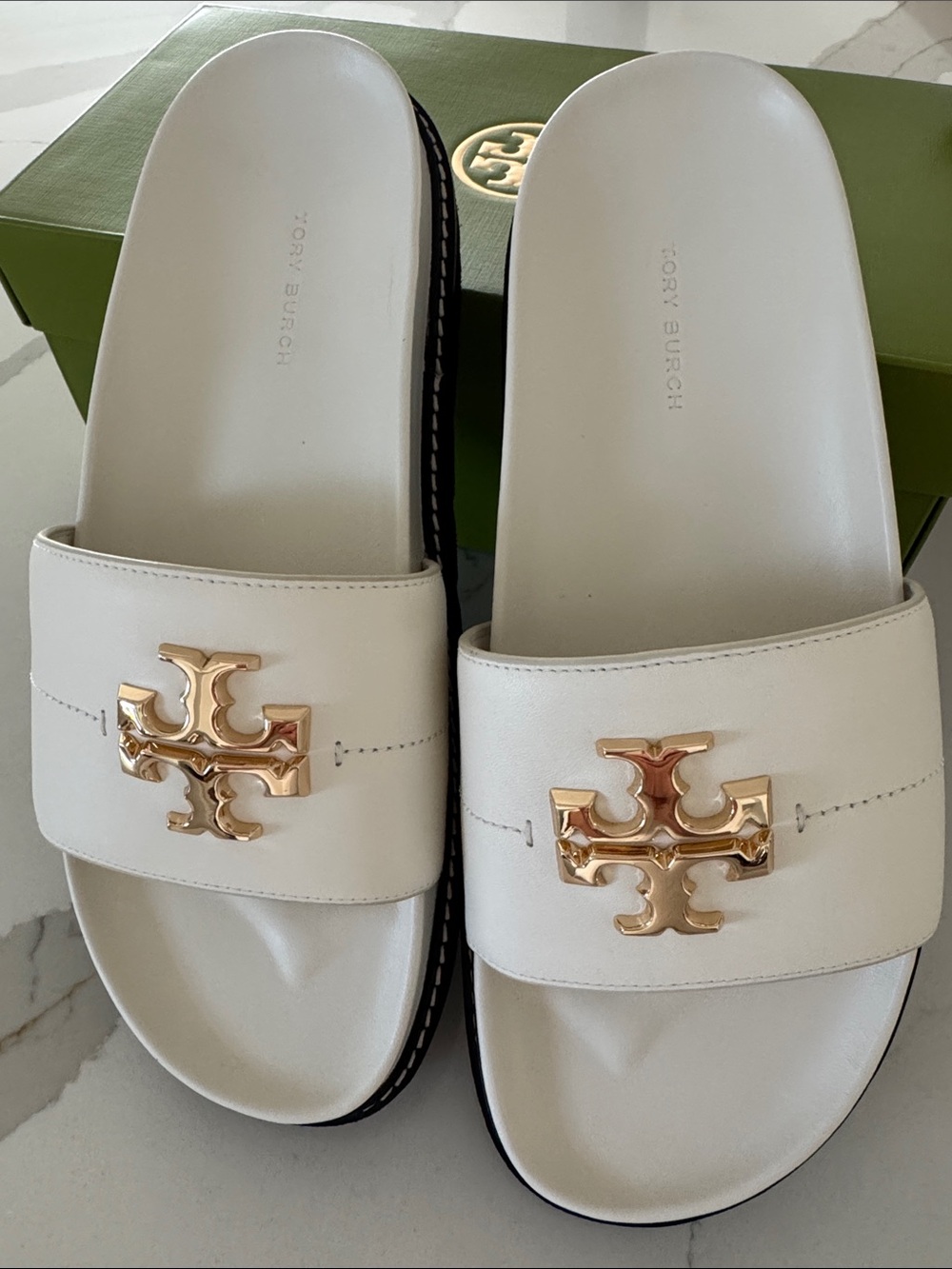 Tory Burch Ivory Everly Anatomic Lug Leather Sandals with Gold Logo Accents Size